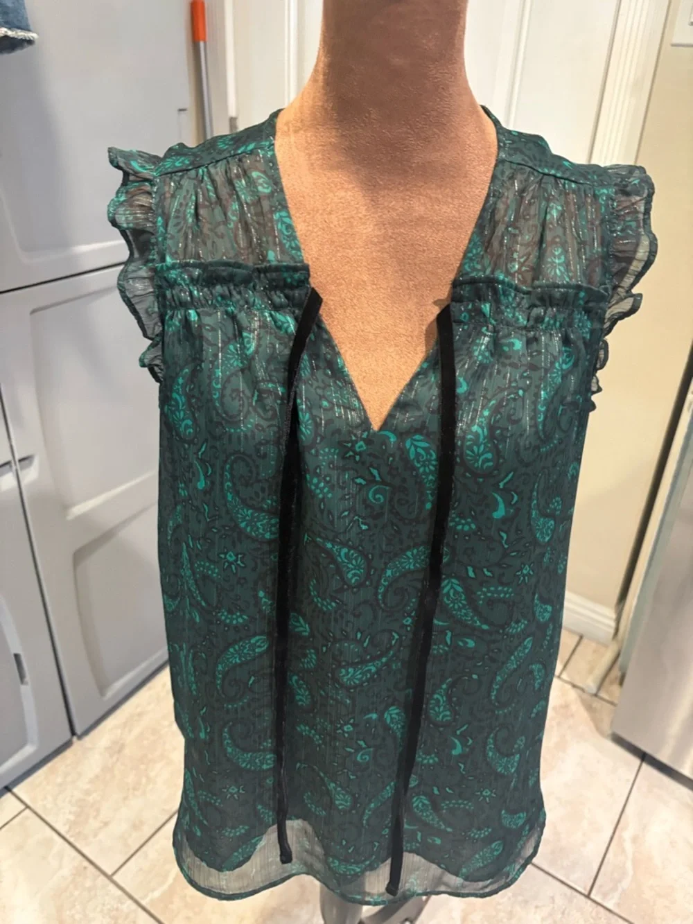 LOFT Teal Paisley Ruffle Tie-Neck Shell